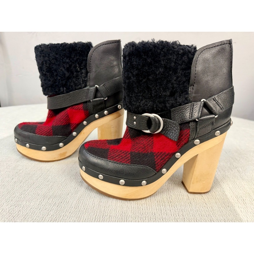 Woolrich/Anthropologie Red Buffalo‎ Plaid Platform Heels Ankle Boots Size 8.5